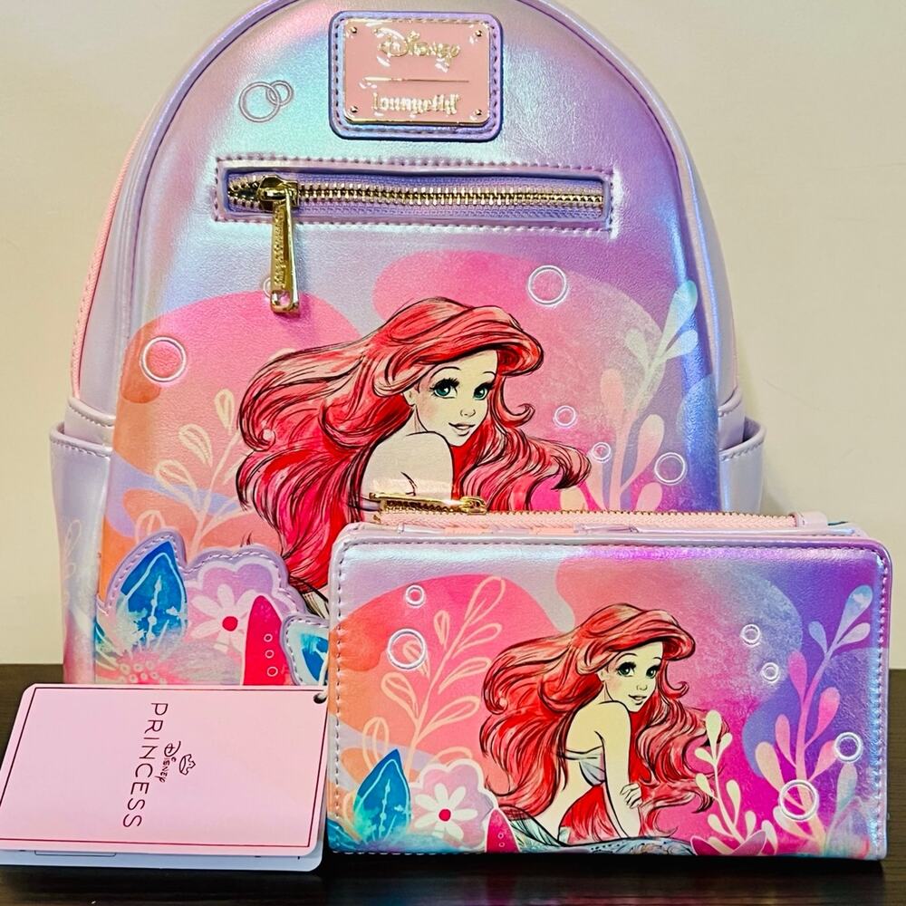 Loungefly Disney The Little Mermaid Ariel Soft Floral Mini Backpack Wallet Set